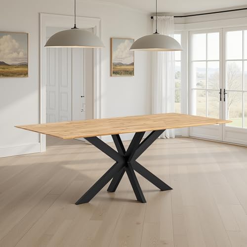 WOODLIVE DESIGN BY NATURE Arto Massivholztisch in Wildeiche, massiver Esstisch, rustikaler Esszimmertisch mit schwarzen Gestell in Sternform, Größe:180 x 90 cm