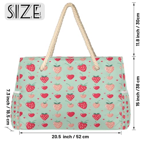 Strawberry Cherry Love Beach Bag for Women Waterproof Sandproof Tote with Zipper Cotton Rope Handles for Travel Pool Gym Shopping2