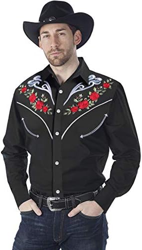 KINGBEGA Men's Long Sleeve Embroidered Shirt Dress Shirt Slim Fit Casual Retro Western Button Down Shirts(Black L)