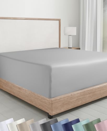 Soft Natural 100% Cotton Sateen Queen Size Fitted Sheet, Light Grey