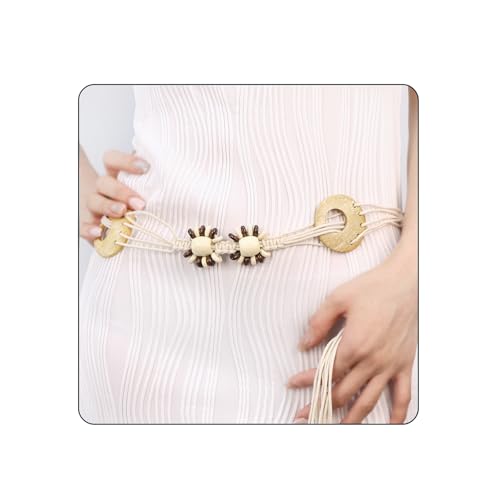 Women Braided Waist Belt Boho Woven Belt with Wooden Beads and Ring Clasp Vintage Long Tassel Rope Tie Belt for Dress
