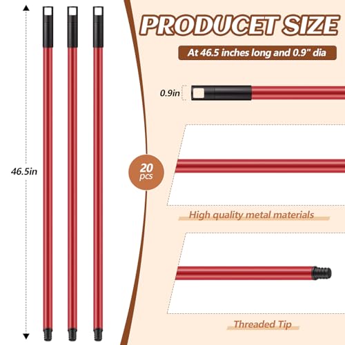 Image of Gisafai 46.5 Inch Broom Handle with Threaded Tip,Red,20 Pcs