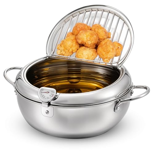 Deep Fryer Pot 304 Stainless Steel Japanese Frying Pot 3.4L/9.4 Inch Tempura Frying Pot with Lid, with Temperature Control Oil Drip Drainer Rack for Fried Chicken, Shrimp, French Chips dip