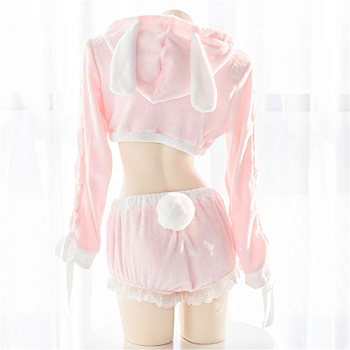 Japanese Lolita Girls Cute Pajamas Set Women Kawaii Rabbit Cosplay Plush Homewear Flannel Hoodie Sexy Sleepwear3