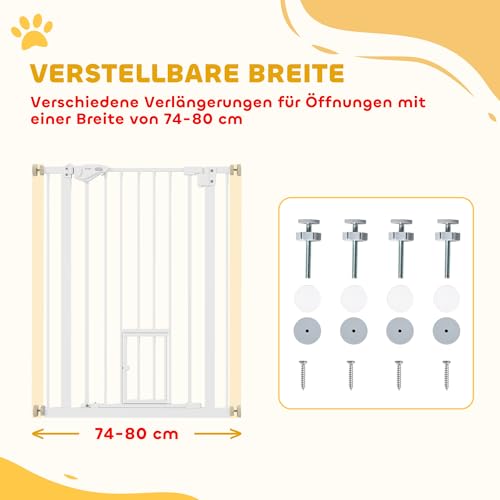 PawHut Treppenschutzgitter Türschutzgitter Ohne Bohren 74-80cm Kinderschutzgitter mit Auto-Close, Einhand Öffnung, doppelte Verriegelung, Türgitter für Kinder, Haustiere, für Treppen, Türen, Weiß