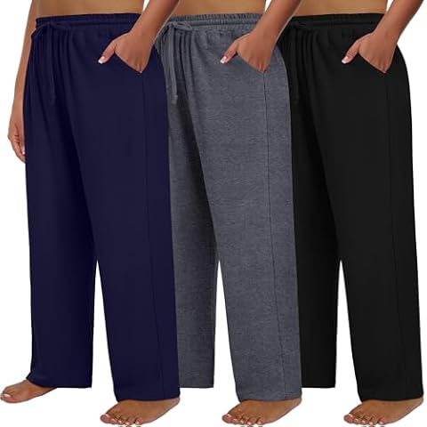 Neer 3 Pack Women's Plus Size Pants with Pockets Ladies Yoga Wide Leg High Waist Drawstring Sweatpants Elastic Lounge Pants (Black, Navy Blue, Dark Gray,XX-Large) Cover