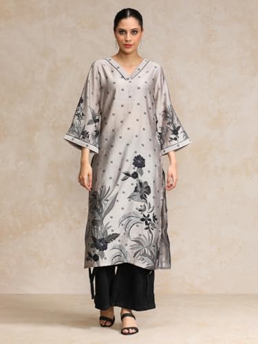 Varanga Bold Placement Floral Printed V Neck Kurta Grey