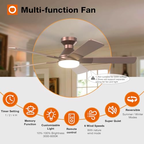Image of addlon Ceiling Fans with Lights, 52 Inch Low Profile Ceiling Fan with Light and Remote Control, Flush Mount, Reversible, 3CCT, Dimmable, Quiet, Brown Ceiling Fan for Bedroom Indoor /Outdoor Use