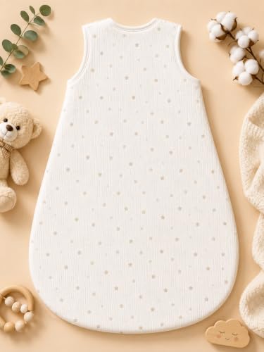 Image of TuddyBuddy Baby Cotton Wearable Quilted Sleeping Bag Blanket 1.5 Tog with 2 Way Zipper Closure | Ideal for Babies & Kids Hypoallergenic Fabrics | (Teddy & Stars AOP - White, 6-12 Months)