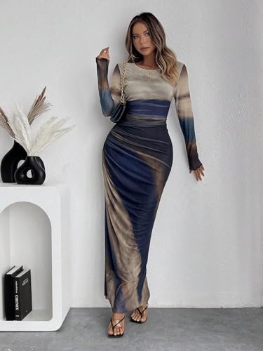 Image of LIGHT DOT Women's Printed Bodycon Maxi Dress Long Sleeve Tie Dye Mesh Ruched Cocktail Dress