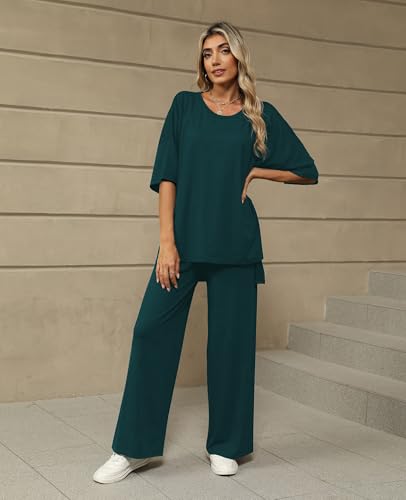 Image of KevaMolly 2 Piece Lounge Set for Women Postpartum Oversized Tops and Wide Leg Pants Soft Comfy Pajamas Set 2 Piece Outfits