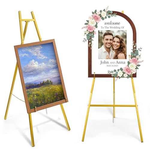 WRINGKIT Gold Easel Stand for Sign Heavy Duty Metal Adjustable Display Stand with 4 Tier 42.5 Height Large Floor Standing Easel for Painting Poster Mirror Art Welcome Wedding Signs