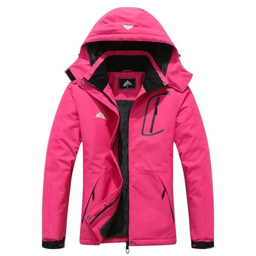 MOERDENG Women's Waterproof Ski Jacket Warm Winter Coat Outdoor Windbreaker Hiking Snowboarding Jacket Small Rose Red