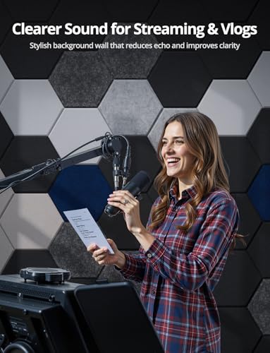 Image of Hexagon Acoustic Wall Panels Self-Adhesive, 18 Pack Sound Absorbing Tiles for Walls & Doors, Decorative Peel & Stick Interior Panel for Studio, Home Office, Gaming Room, 12 inchx10 inchx0.4 inch, White