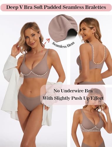 Image of Deep V Bra Wireless Sexy Push Up Bralette Padded Seamless Jelly Bra | Low Cut Plunge V-Neck, Wide Straps, Back Smoothing, Bras for Women No Underwire, Soft Comfortable Bralettes