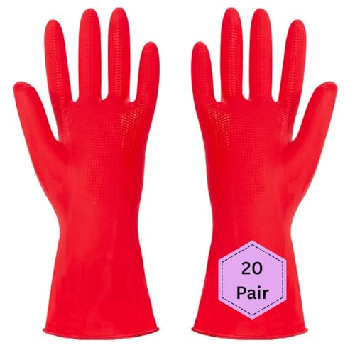 Image of Natural Rubber Household Gloves - Reusable & Waterproof for Cleaning, Dishwashing, Kitchen & Bathroom Use - Comfortable Fit with Non-Slip Grip - Durable & Long-Lasting (Red, 20 Pair)