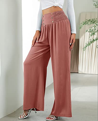 sysinside Women's Casual Wide Leg Pants Smocked High Waist Chic Button Decoration Palazzo Lounge Trousers2