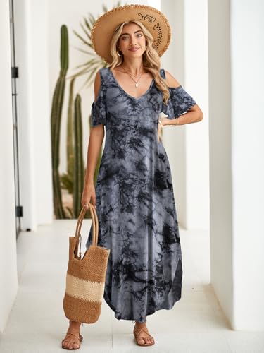 Image of BELAROI Womens Cold Shoulder Maxi Dress Plus Size V Neck Summer Sundresses with Pockets Beach Coverup Vacation Outfits