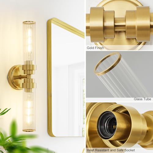 Image of Bathroom Light Fixtures, Gold Wall Sconce in Threaded Glass Indoor Vanity Lights, Modern Bathroom Vanity Light Up and Down Sconces Wall Lighting for Bathroom, Living Room - Bulb Not Included