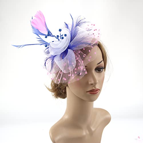Image of DRESHOW Fascinators Hat Flower Mesh Ribbons Feathers on a Headband and a Clip Tea Party Headwear for Girls and Women
