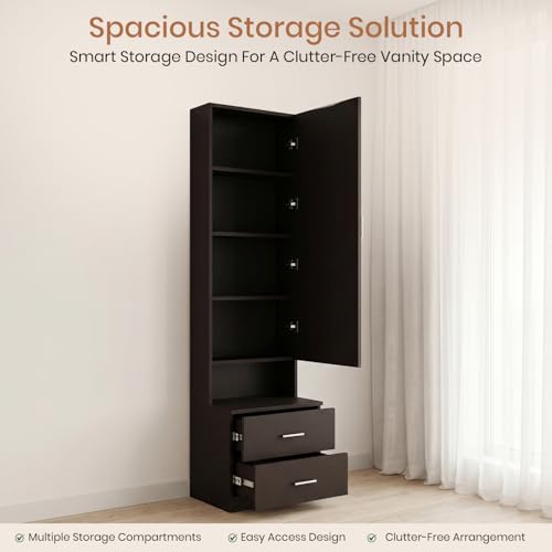 Image of FURNIFLIX Engineered Wood Dressing Table with Drawers and Door Storage Wooden Mirror Vanity Furniture for Bedroom Home Living Room - Black Wenge Finish