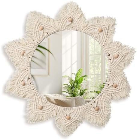 24" Boho Mirror Wall Decor Macrame Hanging Round Mirror with Wooden Beads Large Circle Sunburst Wall Decor for Bedroom Living Room Nursery Apartment Entryway Home Gift, Beige