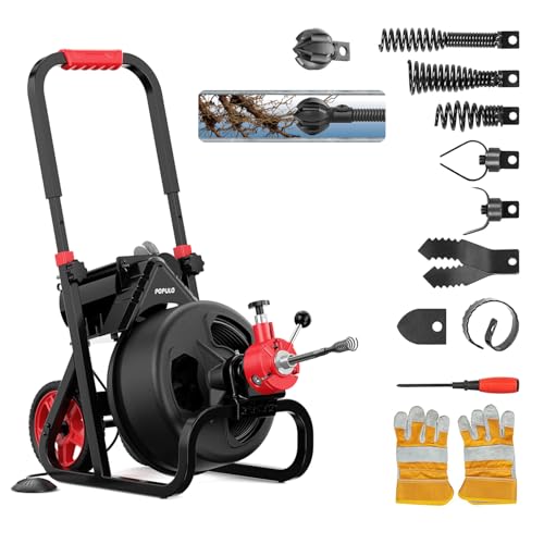 POPULO Auto Feed 50FT Electric Drain Snake with Mobile 8-Inch Wheel and 580W Power,1/2-Inch Drain Snake for 2”-4