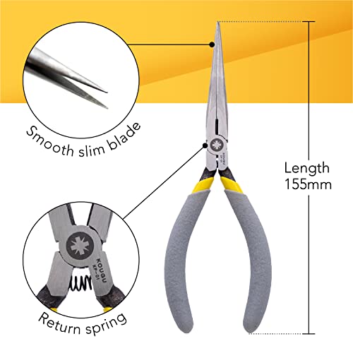 Kougu Super Precision Long Needle Nose Pliers - 6 Inch Steel Mini Long Nose Pliers With Non Serrated Edge & Non Slip Handles - Great For Jewelers, Fine Crafting, & Other High Precision Projects #TOP3