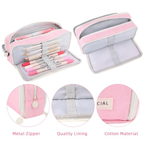 Image of iSuperb 3 Compartments Pencil Case Pouch Big Capacity Pencil Holder for Kids Teen Girls Boys Student School Supplies Oxford Stationery Storage Cosmetic Case (Pink)