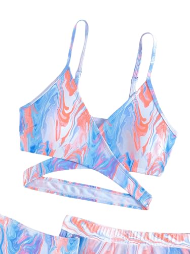 Image of WDIRARA Girl's 3 Piece Swimsuits Criss Cross Wrap Front Swimwear Set Marble Print Swimsuit with Beach Shorts