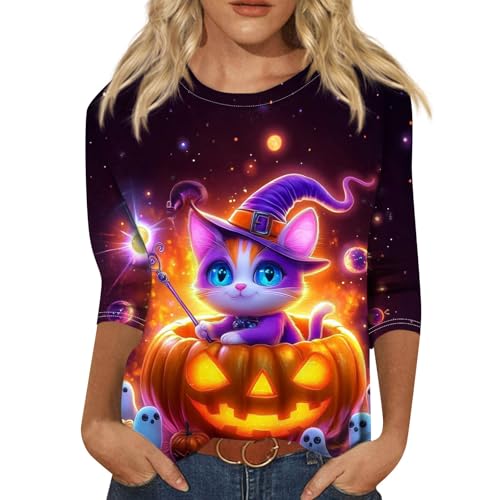 Halloween Shirts for Women 3/4 Sleeve Plus Size Crewneck Loose Fit Cute T Shirt Halloween Costumes for Women 2025