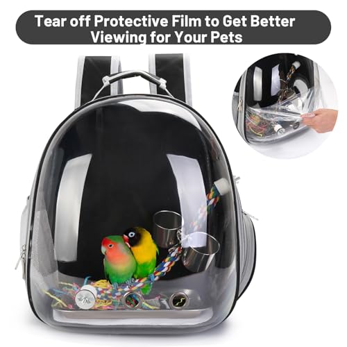 Image of Bird Backpack Carrier, Travel Bird Cage for Small Medium Size Parrot Parakeet Budgies Cockatiel, Portable Clear Bubble Window Bag with Stainless Steel Tray Food Bowl Standing Perch (Black)