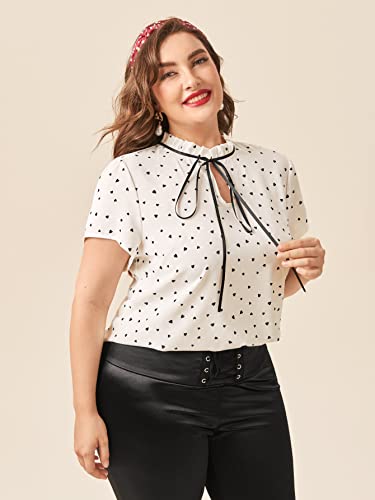 Romwe Women's Plus Size Heart Print Tie Neck Short Sleeve Work Office Blouse Tops White And Black 4Xl #TOP2