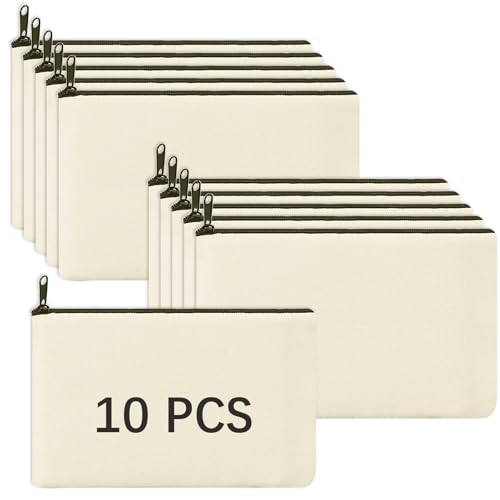 OKBA Pacote com 10 sacos de maquiagem de sublimação em branco, bolsa de maquiagem de lona, sacolas de poliéster para artesanato faça você mesmo, bolsa de cosméticos multiuso a granel 18 x 12 cm, bege