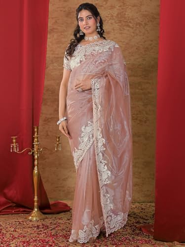 Image of Satrani Women's Net Embroidery Saree with Unstitched Blouse Piece