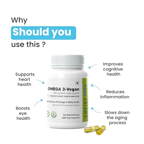 Image of EMPIRE 1900 Omega 3 Vegetarian Capsule (EPA+DHA) | Sourced from Algae | Healthy for Men and Women | Benefits Eyes, Skin, Joints, Brain, and Heart | Suitable for Vegan Diet | Immune Health | (60 Capsules)