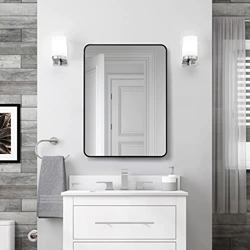 A.t.lums Bathroom Mirror For Wall, 22X30 Inch Black Wall Mirror, Rectangle Stainless Steel Metal Frame With Rounded Corner, Modern Wall Mounted Mirror For Bathroom, Vanity, Entryway, Living Room #TOP7