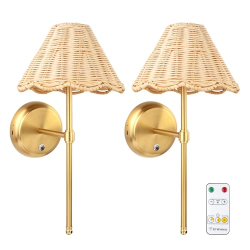 Image of Folux Battery Operated Boho Rattan Wall Sconce Set of 2, Stepless Dimming Magnetic Wall Lamp, 5200mAh Rechargeable Battery and Integrated LED, for Living Room Bedroom Hallway Corridor