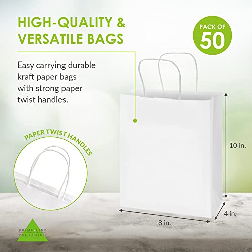 Prime Line Packaging White Paper Gift Bags with Handles, Kraft Gift Bags for Small Business, Boutique, Retail, Shopping, Birthdays, Favors, Bulk, 8x4x10, 50 Pack - Thumbnail 4