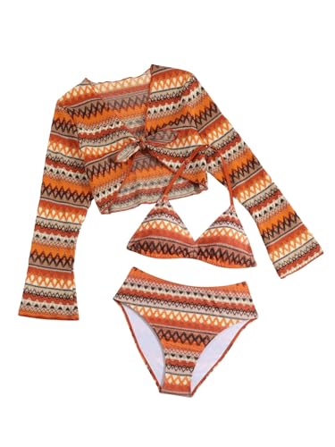 Image of SHENHE Girl's 3 Piece Geometric Swimsuit Halter Triangle High Waisted Bikini Set with Cover Up Orange 16Y
