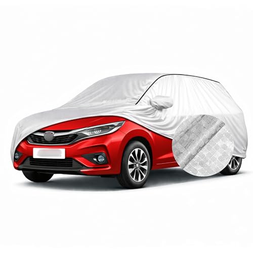 Image of SEAZEN Waterproof Car Cover for Honda Jazz | Dustproof, UV & Scratch Resistant Soft Cotton Lining | Triple Stitched, Mirror Pockets & Elastic Hem | Metallic Silver with Black Piping