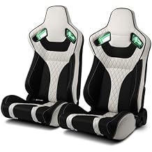[Neon Racer] Universal Main Black+White Side PVC Leather Sport Reclinable Racing Seats Pair