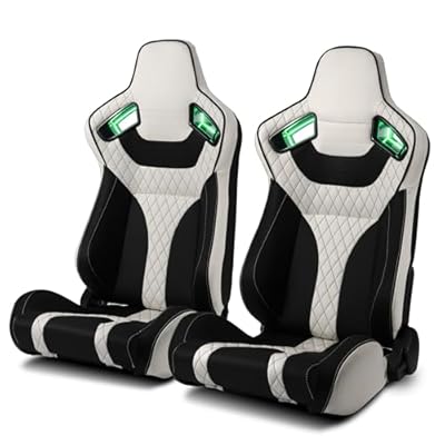 ModifyStreet [Neon Racer] Universal Main BlackWhite Side PVC Leather Sport Reclinable Racing Seats Pair
