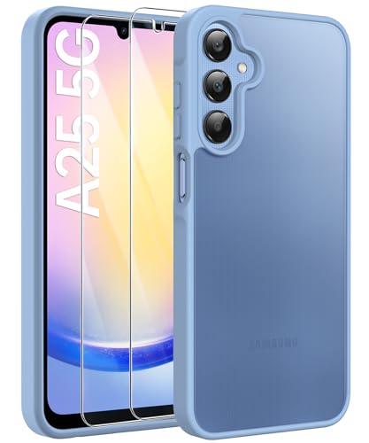 FLLAO Matt Handyhülle für Samsung Galaxy A25 5G Hülle und 2 Schutzfolie mit Kameraschutz [Militärnorm Schutz] urchscheinende PC Rückseite TPU Bumper Hülle für Samsung A25 5G - Himmelblau