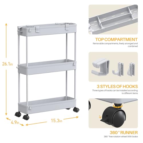 image for SPACELEAD Slim Storage Cart 3 Tier,Bathroom Organizer Rolling Utility,