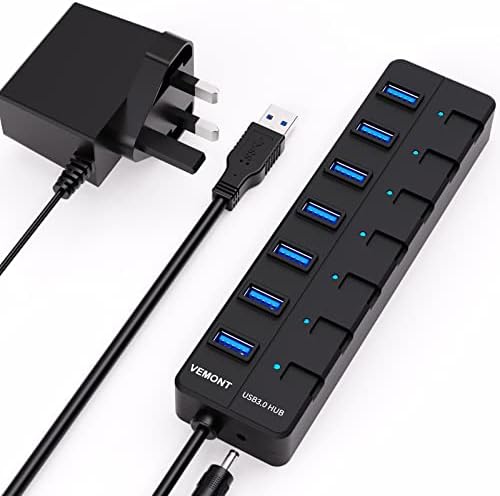 Powered USB Hub,VEMONT 7 ports SuperSpeed USB 3.0 Hub with Power Supply,USB Splitter Powered with Individual on/off LED Switches and 3.9ft/1.2m Long Cable for PC/Laptops /Ultrabooks/Desktops