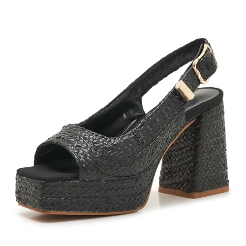 AITTA Women’s Raffia Platform Sandals, Open Toe Chunky Block Heel