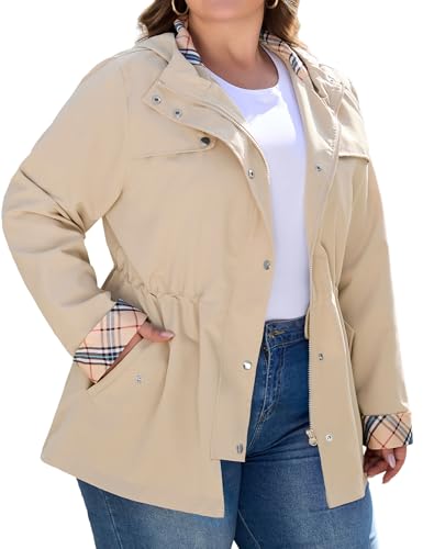 Bloggerlove Womens Rain Jacket Lightweight Raincoats Waterproof With Hood Outdoor Long Rain Coat Hiking Jackets Khaki XL