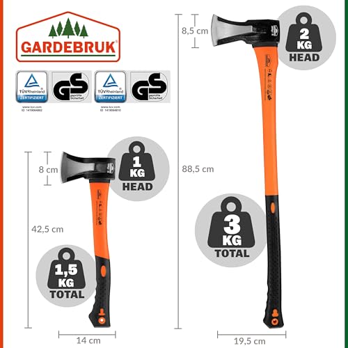 Gardebruk® Axt 2 kg Beil 1 kg Set ergonomischer Handgriff Gummischutz Universal Spaltaxt Spaltbeil Spalthammer Holzspalter – Bild 3