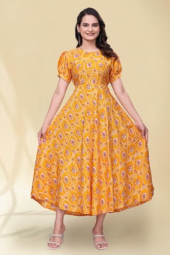 Image of Women's A-Line Crepe Maxi Dress | Stylish Fit and Flare Dress with Round Neck Short Puff Sleeves for Casual Wear